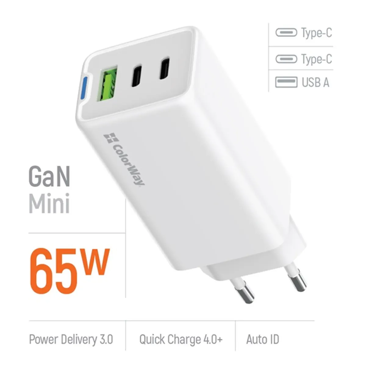 ColorWay CW-CHS058PD-WT GaN Mini 65W PD PPS 2x USB-C 1x USB-A töltő fehér #7