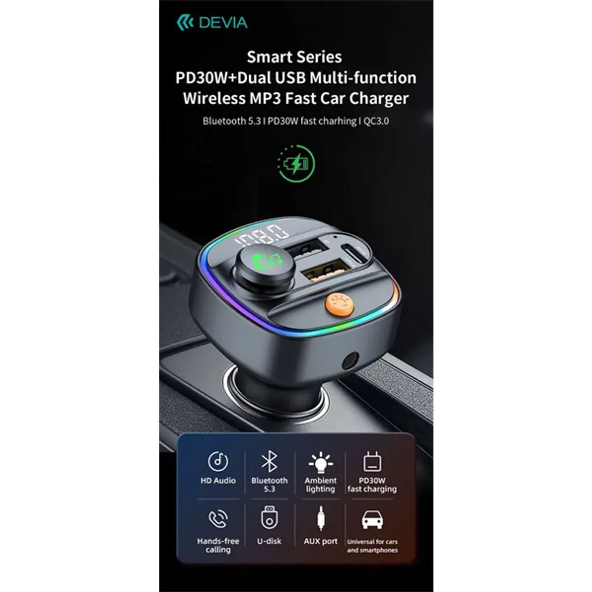 DEVIA ST112513 Smart Series autós gyorstöltő PD 30W QC3.0 2xUSB USB-C 12-24V FM-transmitter BT5.3 memóriás lejátszás #3