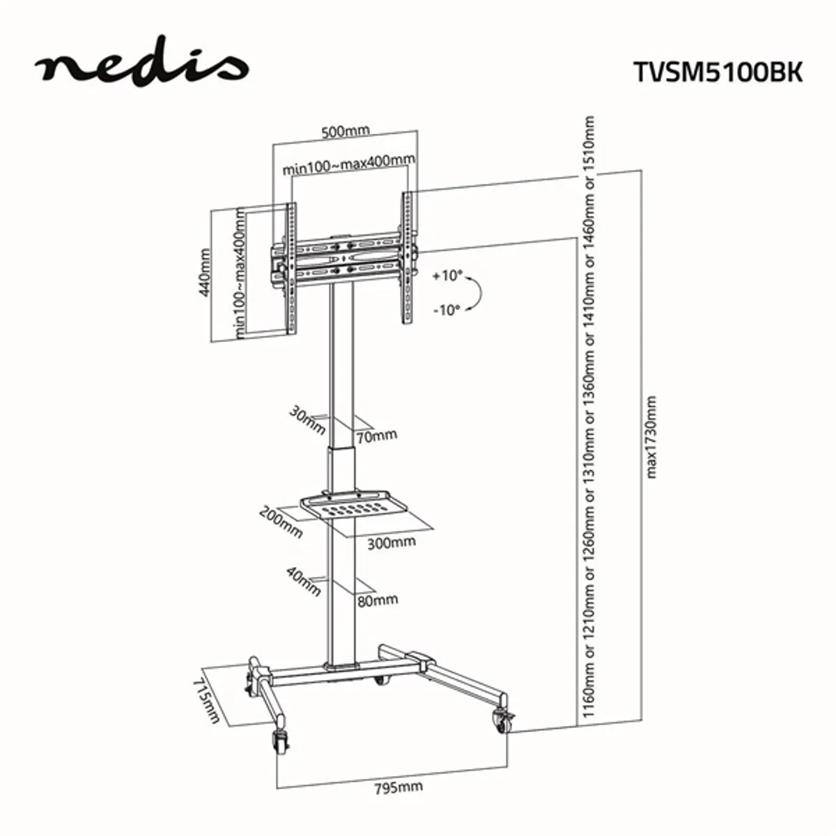 Nedis TVSM5100BK állvány 32"-55" max 35 kg, 4 kerék, állítható magasság 1160-1510 mm, dőlésszög +10/-10, VESA 100x100 200x100 200x200 300x200 300x300 400x200 400x300 400x400 #8