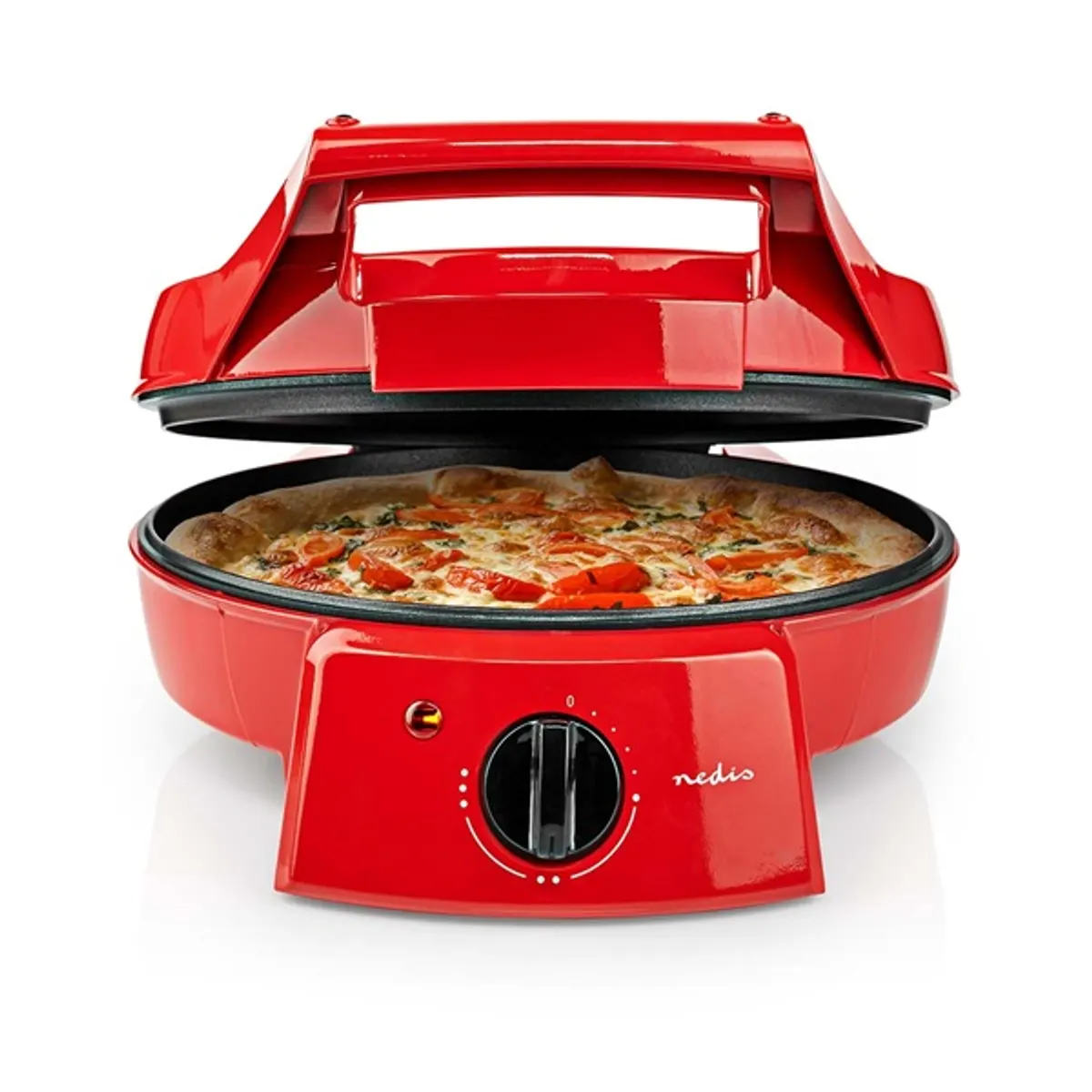 NEDIS FCPM100FRD pizza- és grillsütő 30 cm 1800 W 230 °C 180 nyitás tapadásmentes bevonat hideg érintésű fogantyú használatra kész jelzőfény #1