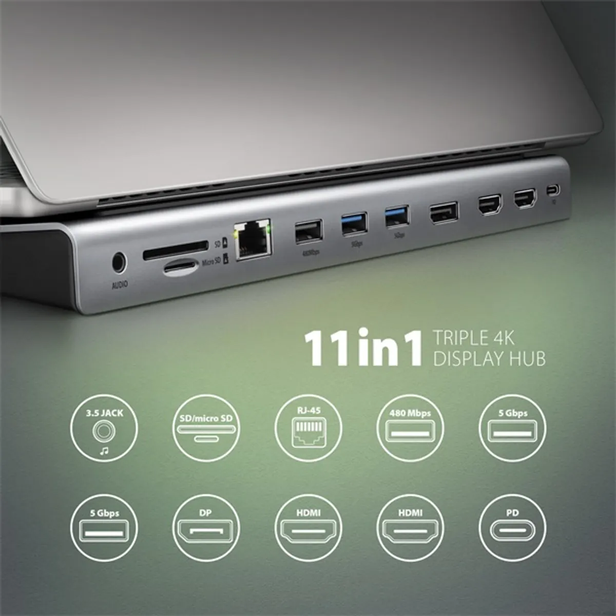 AXAGON HMC-4KX3 USB-C hub 11in1 3x HDMI 4K DisplayPort 100W PD RJ-45 SD microSD #5
