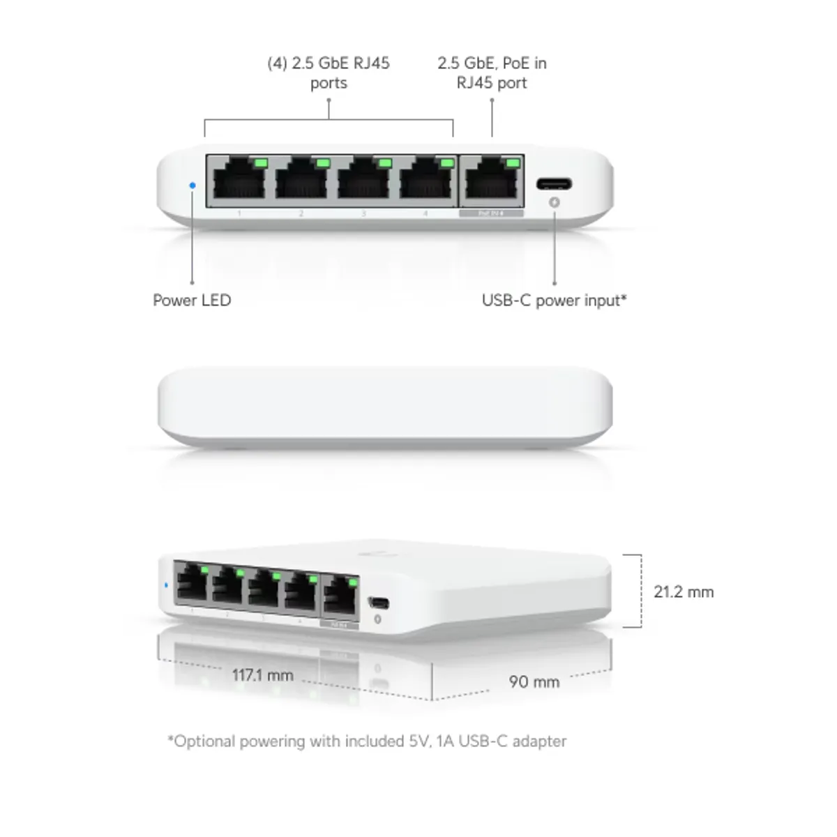 Ubiquiti USW-FLEX-2.5G-5 UniFi Switch Flex Mini 5x2.5GbE PoE bemenet USB-C tápegység #4