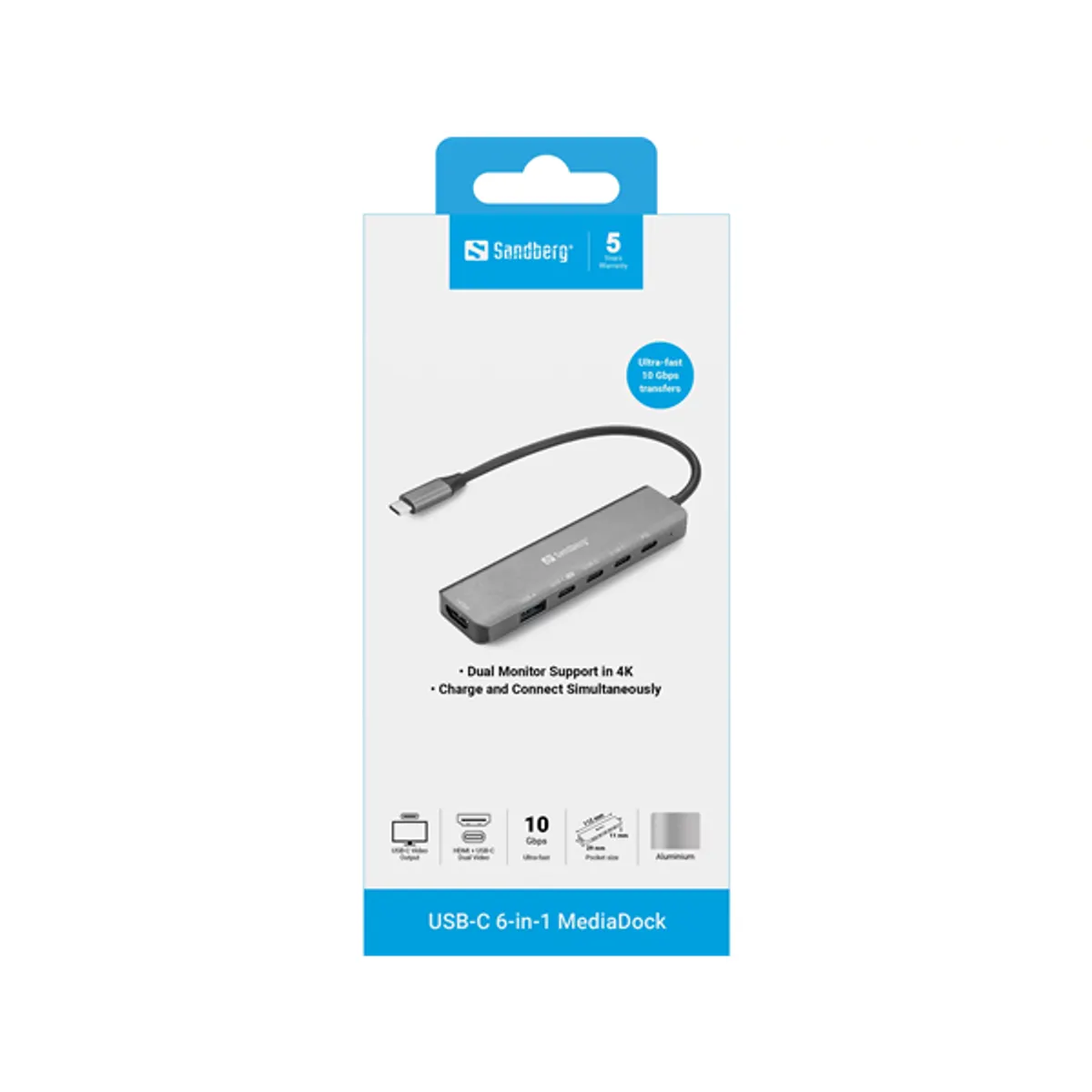 Sandberg 136-77 USB-C 6-in-1 MediaDock USB-C host PD 3.0 akár 100W HDMI 4K@60 USB-A 3.2 10Gbps USB-C 3.2 10Gbps DP video 4K@60 alumínium ház 19 cm #2