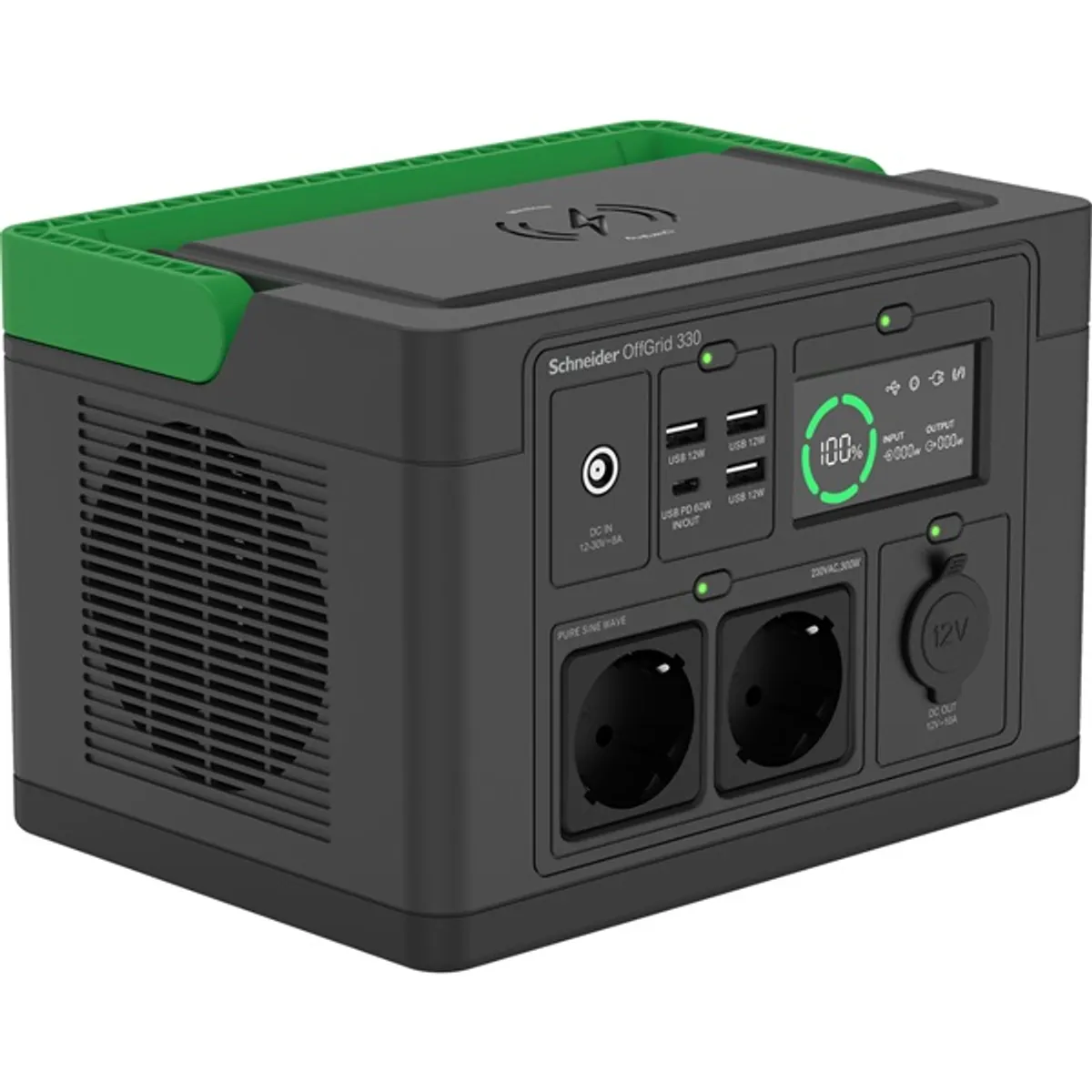 APC PPS330-GR OffGrid 330 Li-ion 332 Wh 2x Schuko szinuszhullám LCD USB-C 60W USB-A 5V 2.4A vezeték nélküli töltő autós DC 12V-10A #2