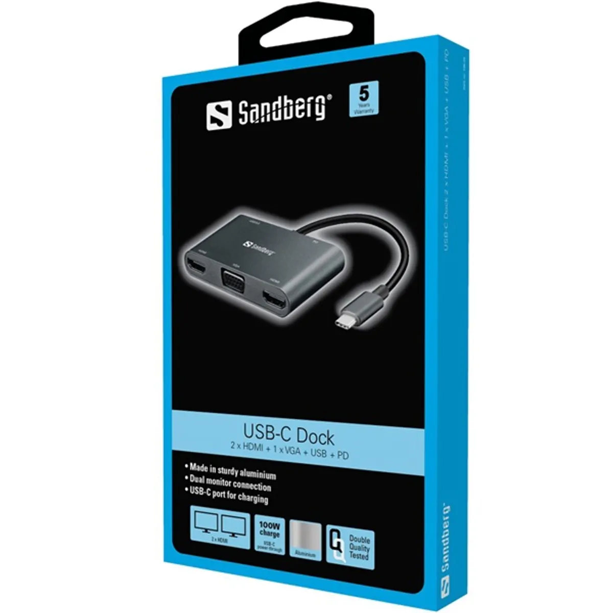 Sandberg 136-35 USB-C dokkoló 2x HDMI 1x VGA USB 3.0 A USB-C PD 100W alumínium #2
