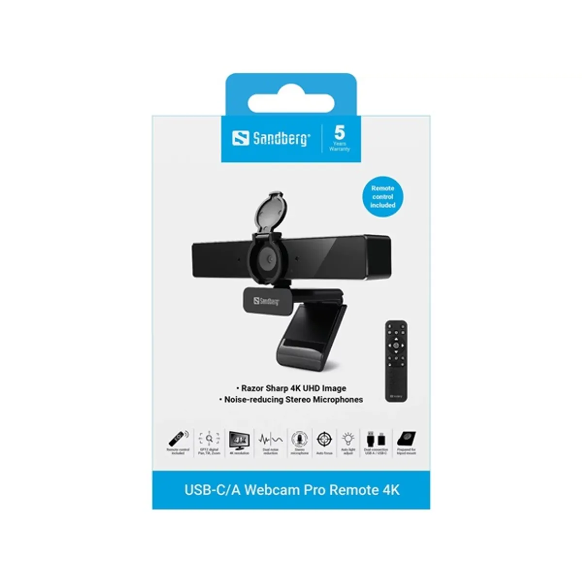 SANDBERG 134-45 Webkamera Távirányítós 4K 78 fok látószög autofókusz fénykorrekció privát fedél duál zajcsökkentő mikrofonok USB C és USB A 2 m kábel #4