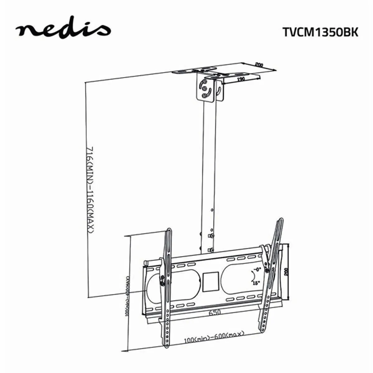 Nedis TVCM1350BK mennyezeti TV-tartókonzol 42"-65" 45 kg állítható magasság dönthető 15 fok forgatható 360 fok #5