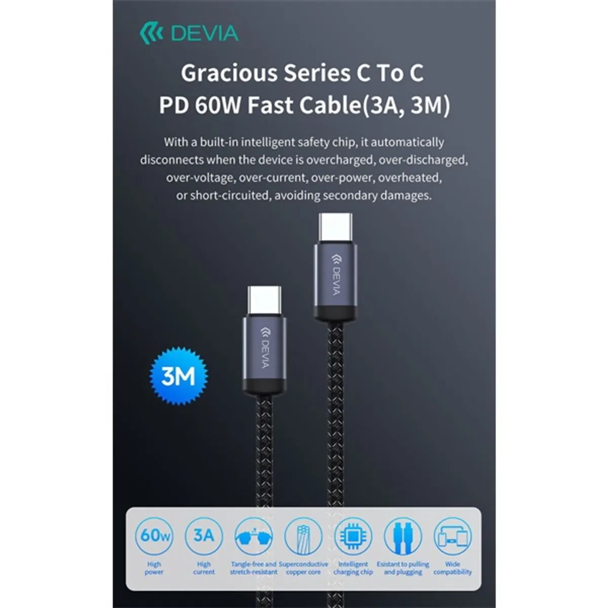Devia ST124332 Gracious Series 60W PD Type-C adatátvitel és töltés 3m textil kábel fekete #2