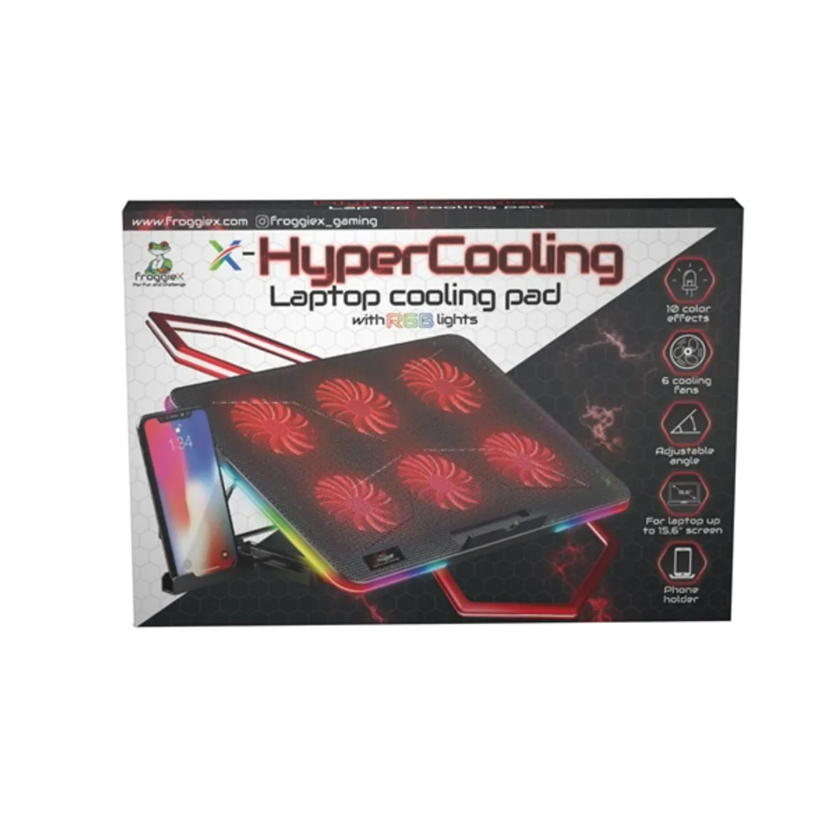 FroggieX FX-PC-P2-R HyperCooling notebook hűtőpad telefontartóval 6 db ventilátor max 15.6" képernyőig 360x255x27 mm #5