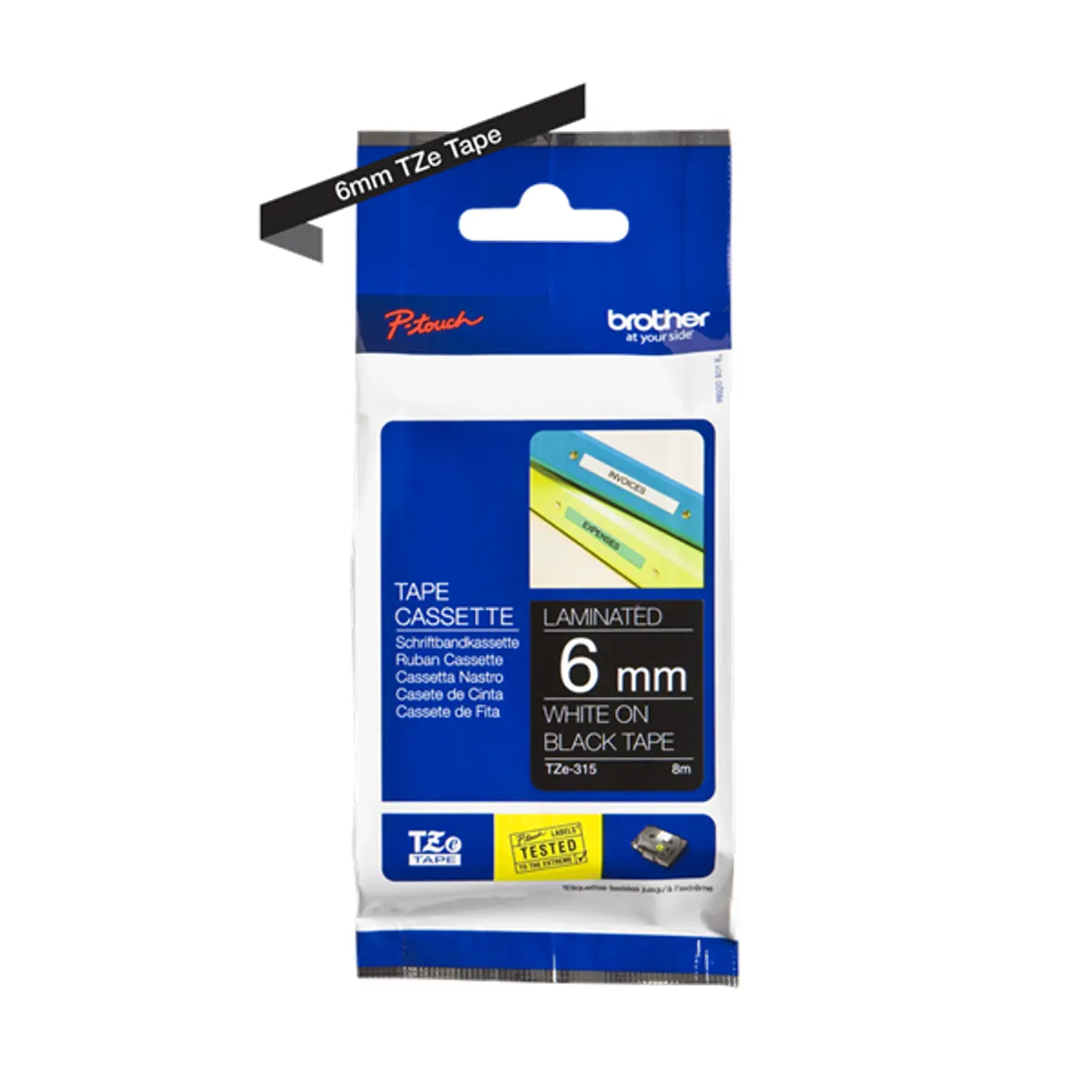 BROTHER TZE315 TZe-315 laminált szalag 6 mm széles, 8 m hosszú, fehér felirat fekete alapon #2
