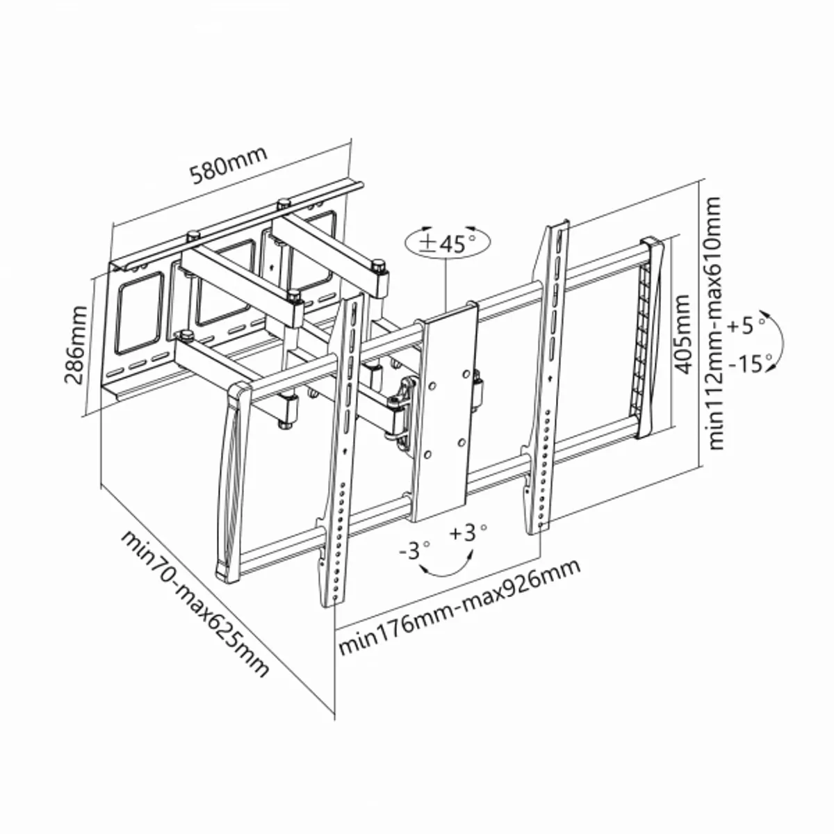 SBOX PLB-3769 fali konzol 60"-100" 200x200-600x900 80 kg tilt 5°/-15° swivel 45°/-45° 70-625 mm fekete #2