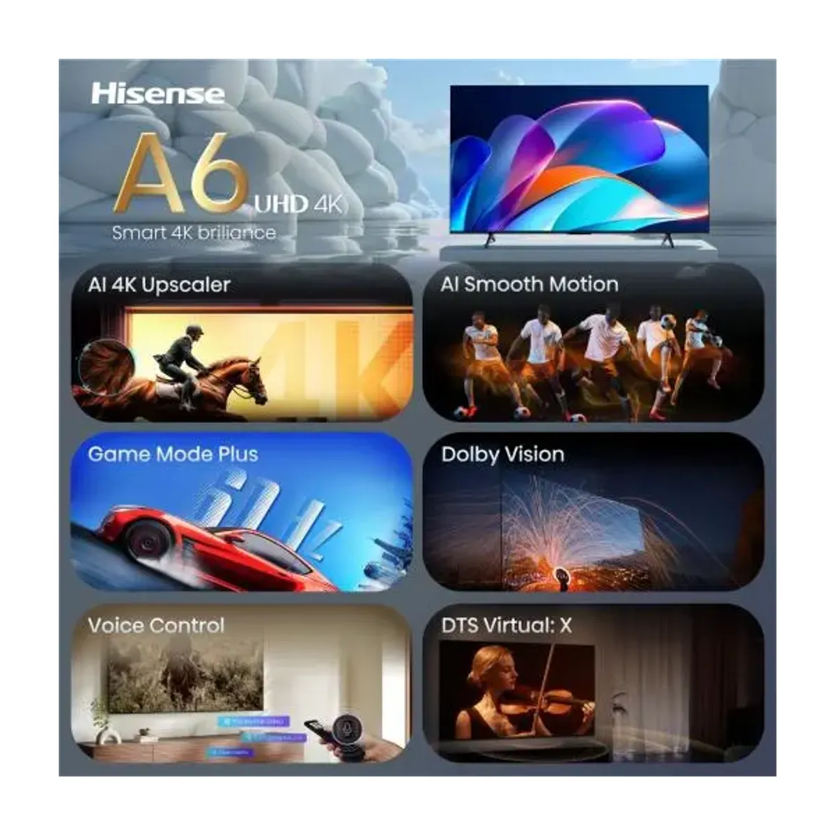 HISENSE 43A6S 4K UHD okos LED televízió AI Upscaler Smooth Motion VRR ALLM Dolby Vision Game Mode Plus VIDAA Voice #3
