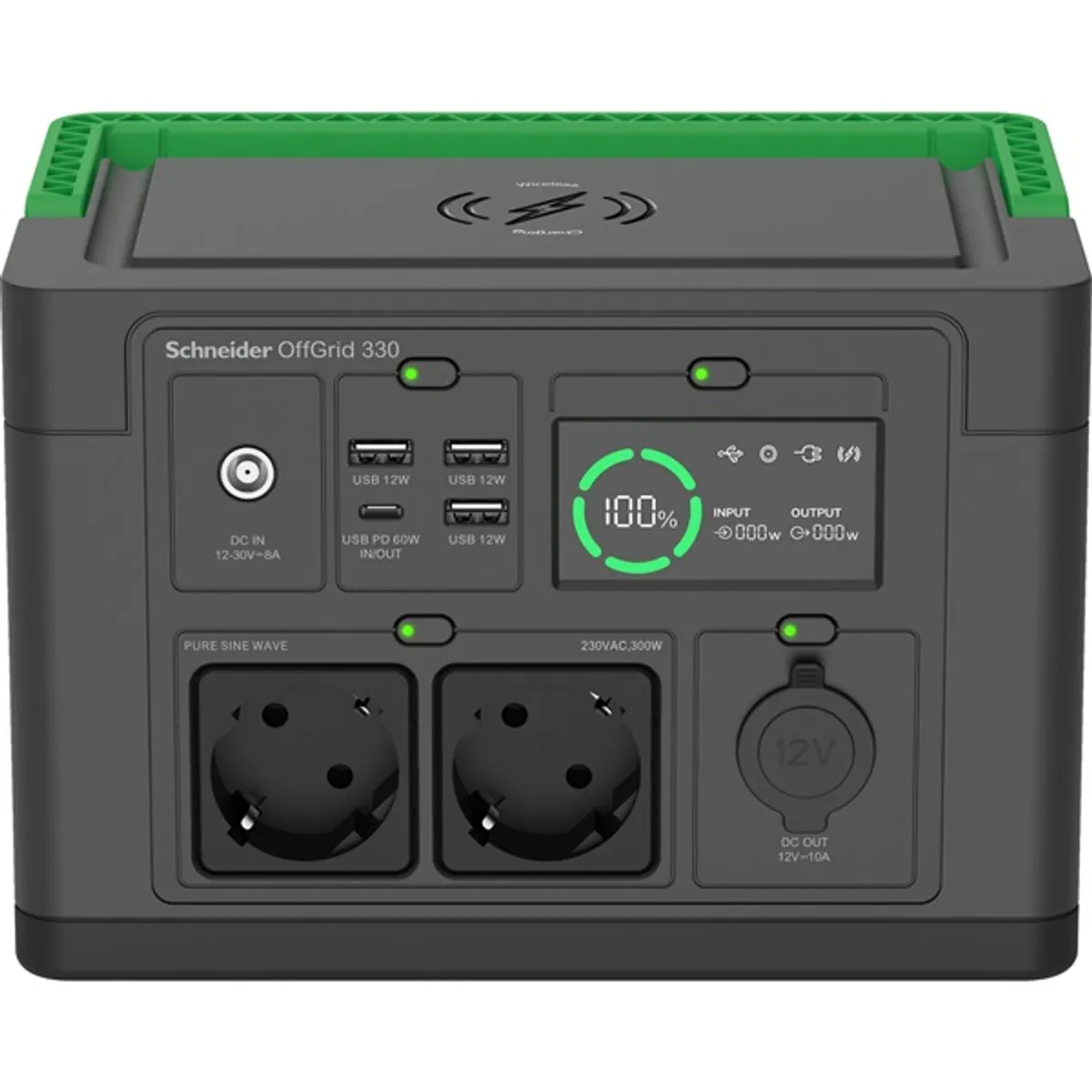 APC PPS330-GR OffGrid 330 Li-ion 332 Wh 2x Schuko szinuszhullám LCD USB-C 60W USB-A 5V 2.4A vezeték nélküli töltő autós DC 12V-10A #1