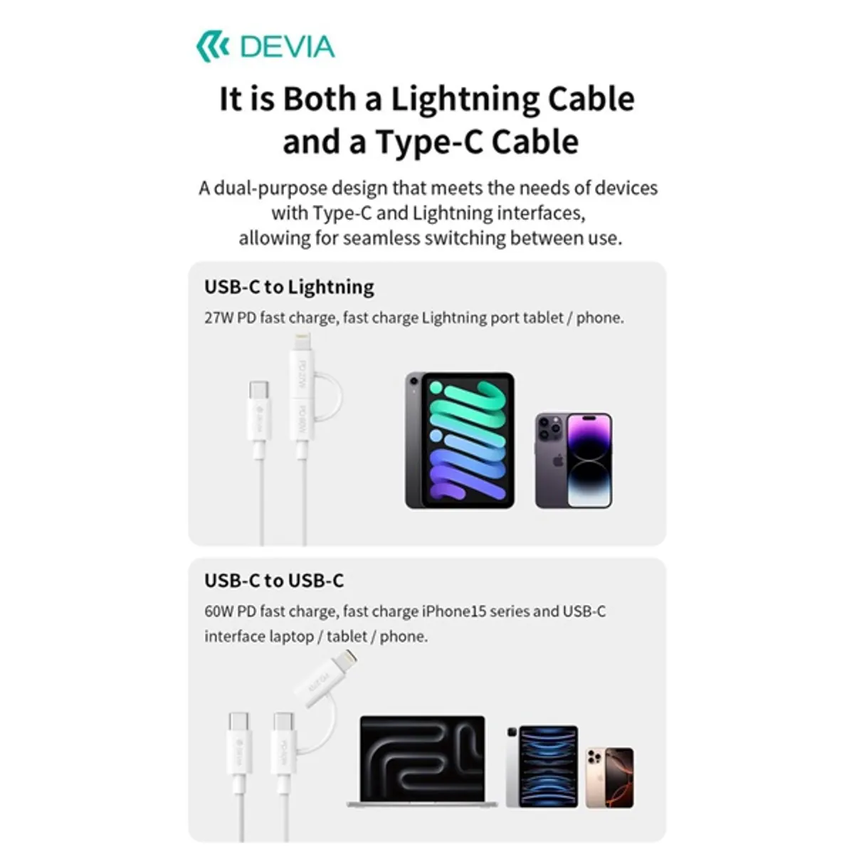 Devia ST121485 Smart Series 60W 27W PD Type-C Type-C Lightning 1,2m fehér #5