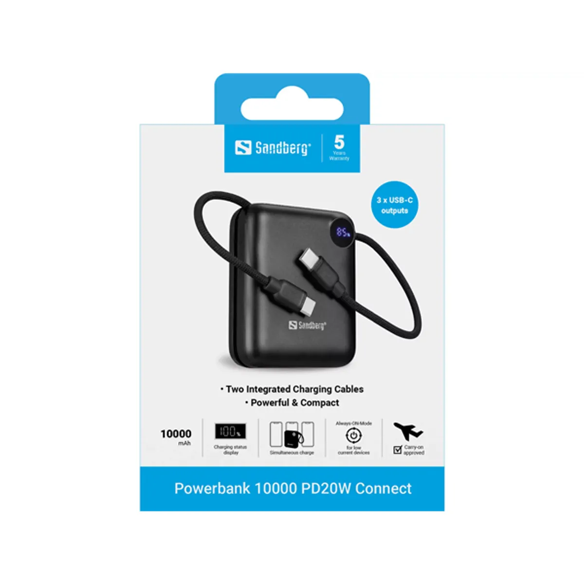 Sandberg 421-26 Akkubank 10000mAh PD20W Digitális kijelző 3 USB-C kimenet #2