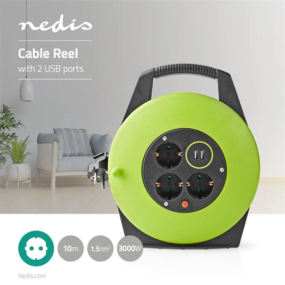 NEDIS PECCR10UFGN kábeldob 10 m 3x Schuko aljzat 2x USB 12W hőkioldó #5