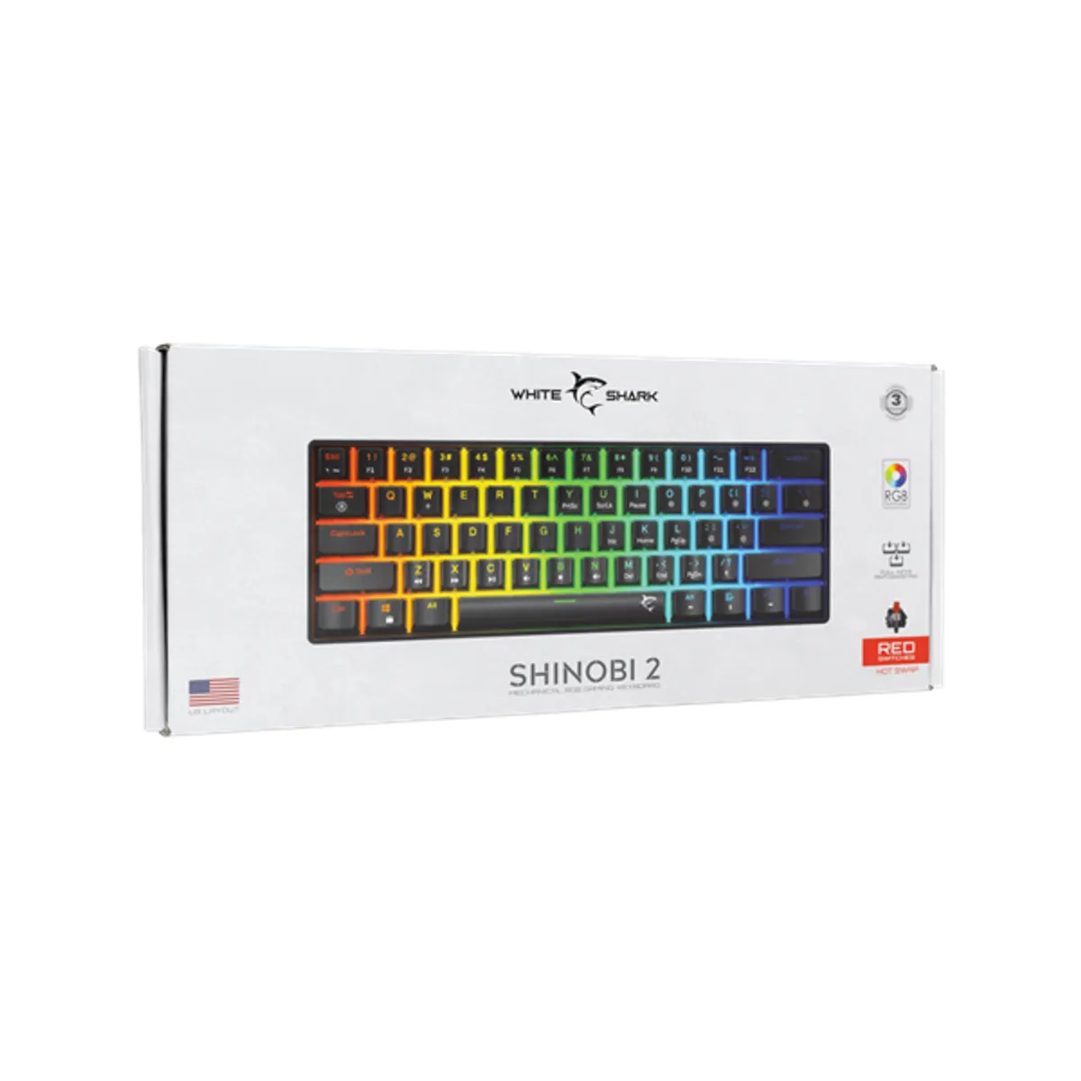 Whiteshark WS GK-004111B/R-US Shinobi-2 61-billentyűs mechanikus hot-swap piros kapcsolók fekete RGB háttérvilágítás USB 2.0 1.8 m angol kiosztás #5