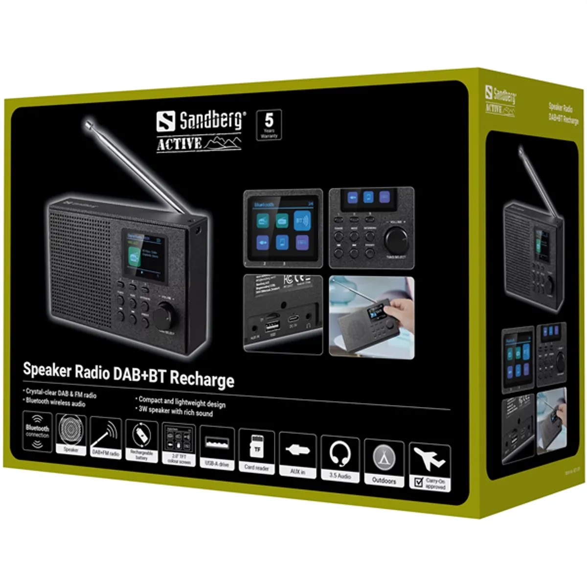 Sandberg 421-39 Rádió DAB BT Recharge 3W RMS FM 57 mm 2.0" TFT USB-C töltés 2000 mAh #6