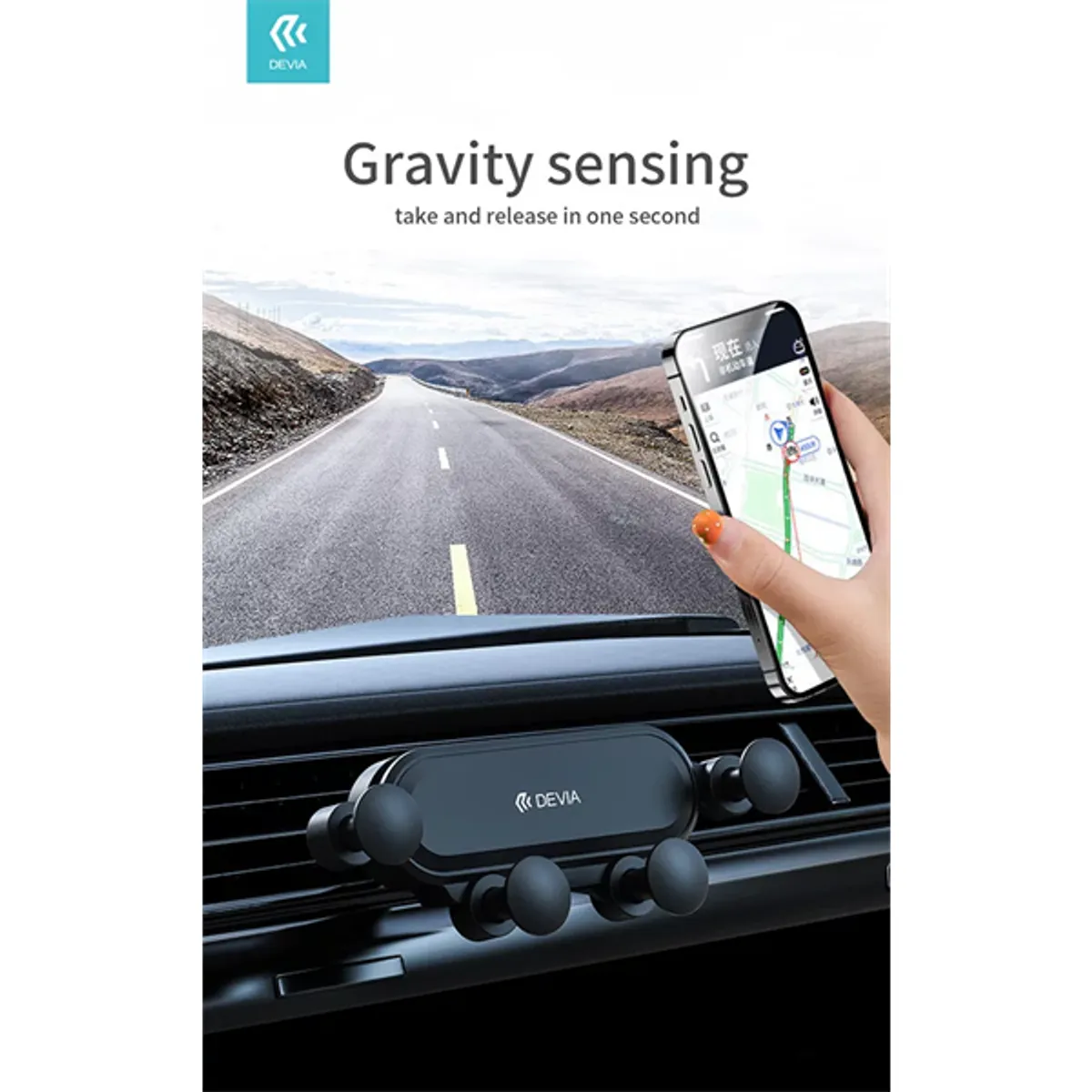 DEVIA ST359781 univerzális szellőzőrácsba illeszthető autós telefontartó gravitációs zárszerkezet 360 fokban forgatható ABS fekete #3
