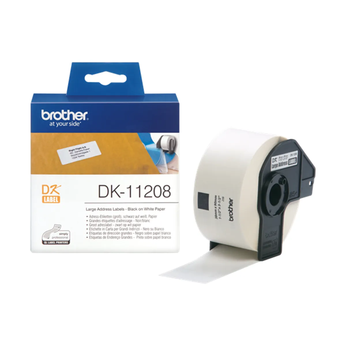 BROTHER DK11208 etikett címke tekercs 38x90 mm fehér alapon fekete 400 db elővágott #2