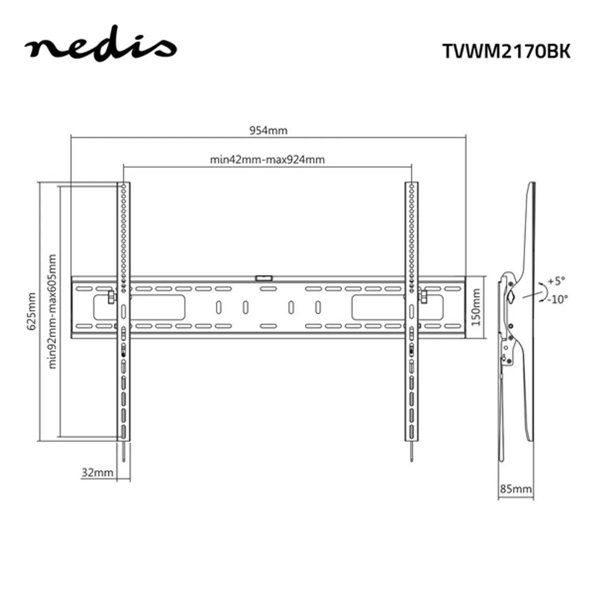 NEDIS TVWM2170BK billenthető fali TV-tartó 60-100" VESA 200x200-900x600 75 kg dönthető 15 szintjelző gyorskioldó kábelek #6