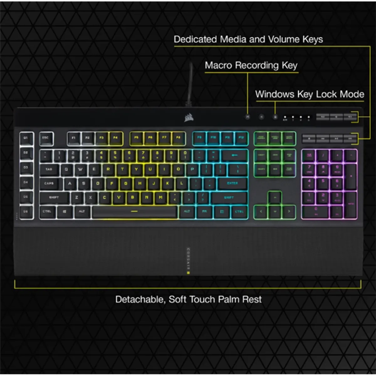 Corsair CH-9226765-NA K55 RGB Pro 5 zónás RGB háttérvilágítás IP42 por- és fröccsenésálló Levehető csuklótámasz 6 makrógomb #6