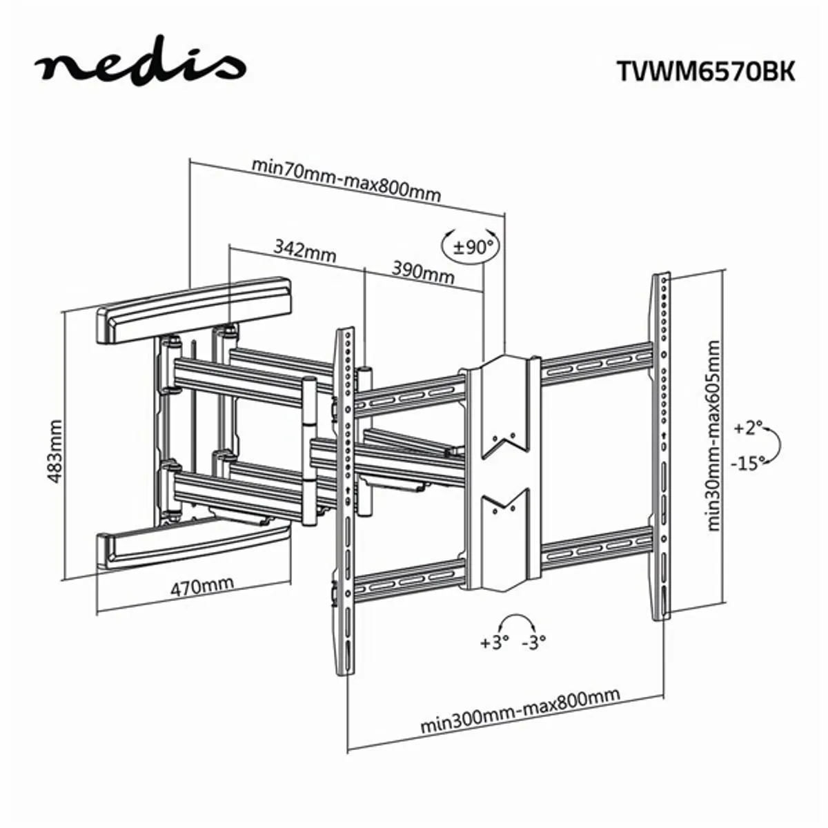 Nedis TVWM6570BK szabadon mozgatható TV-tartókonzol 43-90" 70 kg, dönthető 15°, forgatható 180°, faltól 70-800 mm, VESA 300x200 600x600 800x600 #7