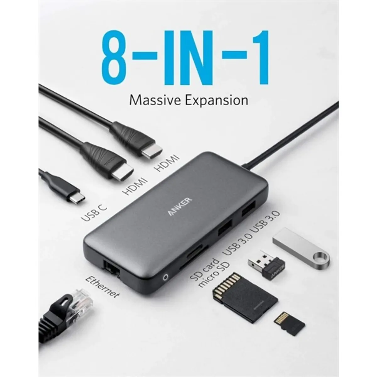 ANKER A83800A PowerExpand 8-in-1 USB-C hub 2 HDMI 2 USB 3.0 Ethernet SD microSD kártyaolvasó 100W Power Delivery #1