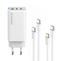 COLORWAY CW-CHS058PDCL-WT GaN Mini AC töltő 65W PD PPS 2x USB-C és USB-A kábel Type-C-Type-C és Type-C-Lightning