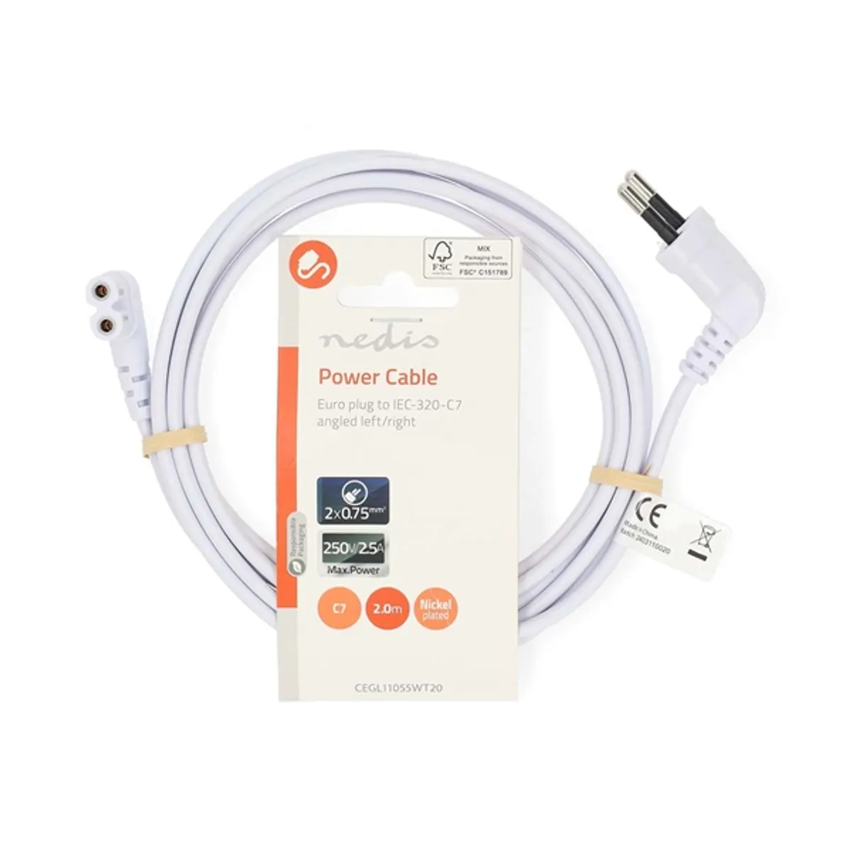 NEDIS CEGL11055WT20 tápkábel földelés nélküli euro dugó IEC-320-C7 2m fehér #3