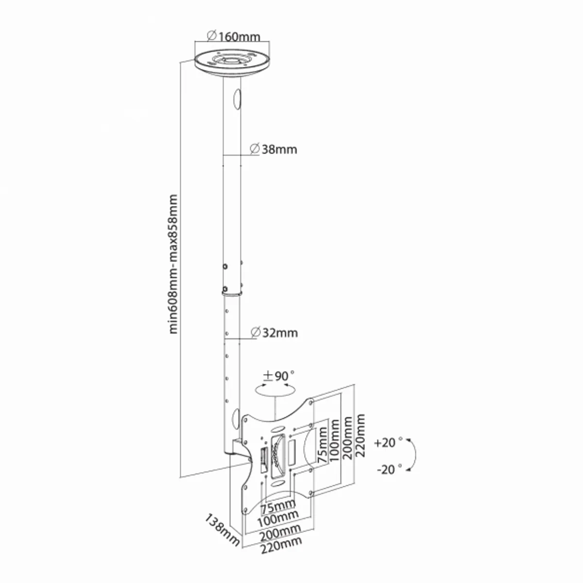 SBOX CPLB-28S mennyezeti konzol 23"-43" VESA 200x200, 30 kg, -20° és 20°, 180° #2