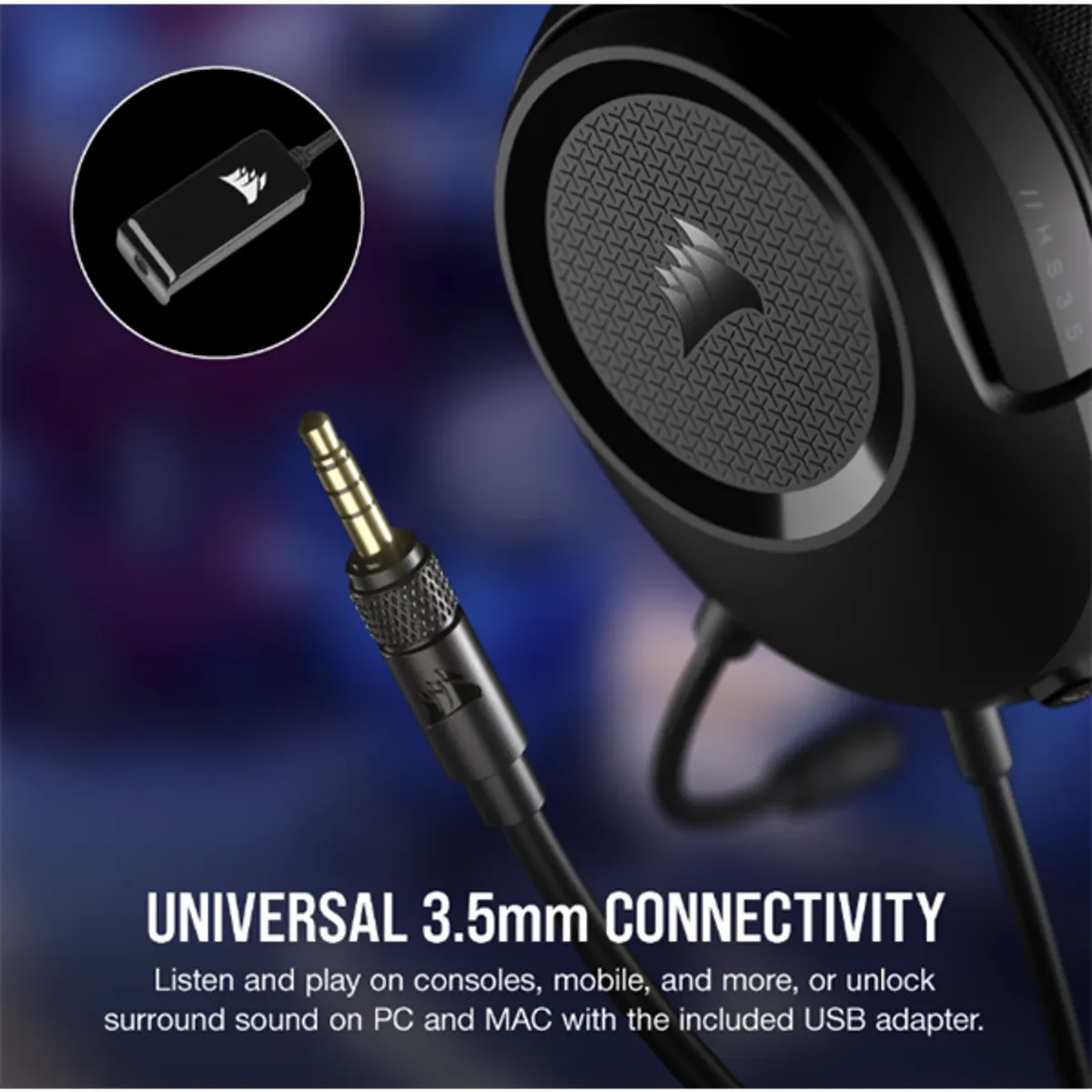 Corsair CA-9011386-EU HS35 Surround v2 fejhallgató multiplatformos 50 mm hangszórók 3,5 mm jack USB adapter Dolby surround #3