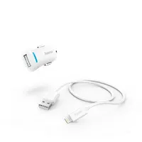 HAMA 00201610 autós töltő szett USB-A-Lightning kábel 1 m, 12 W, 5V 2,4A, LED kijelző, fehér, 12-24 V bemenet