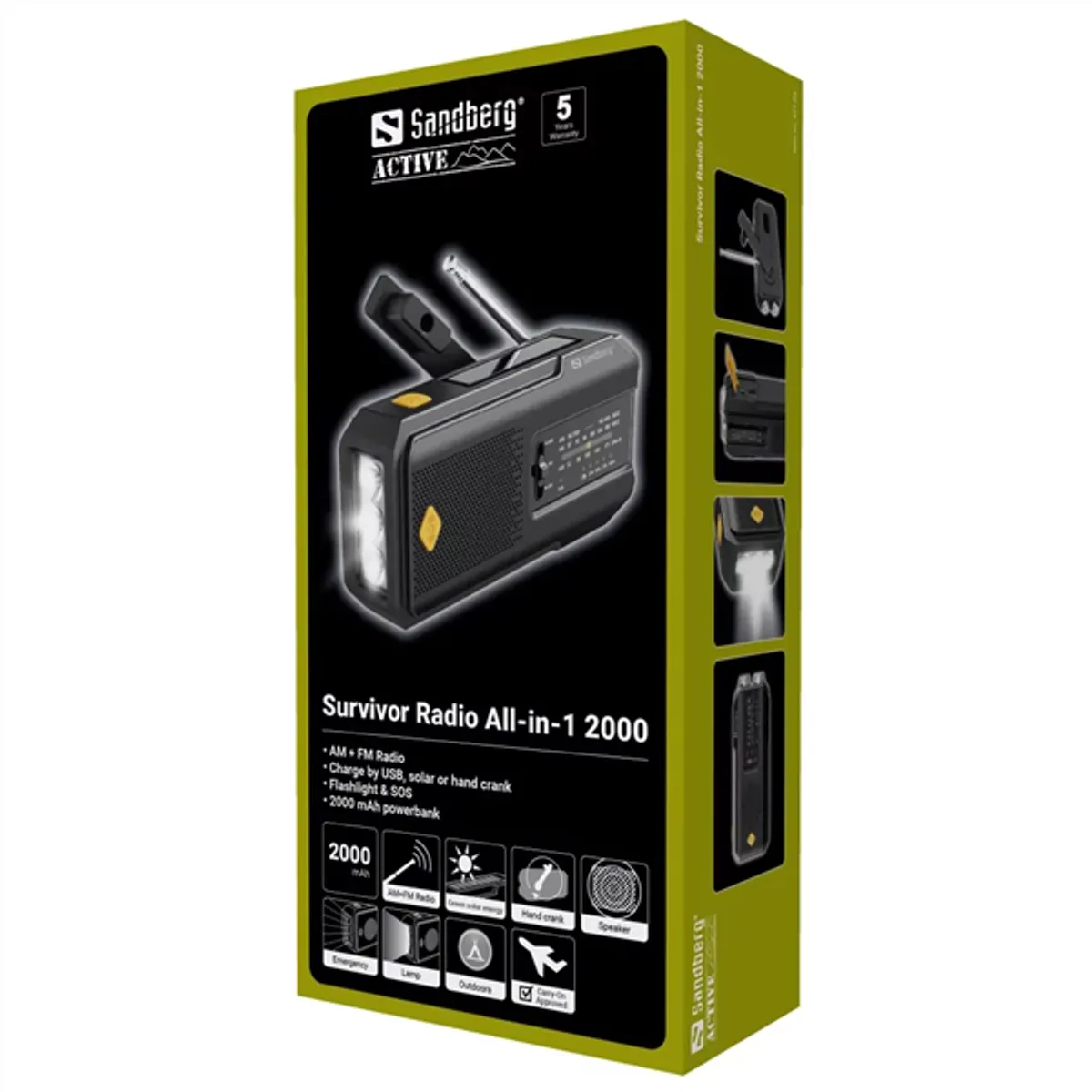 SANDBERG 421-04 Survivor Radio All-in-1 2000mAh AM-FM rádió USB töltés, napelemes töltés, kézi hajtókar, zseblámpa #10