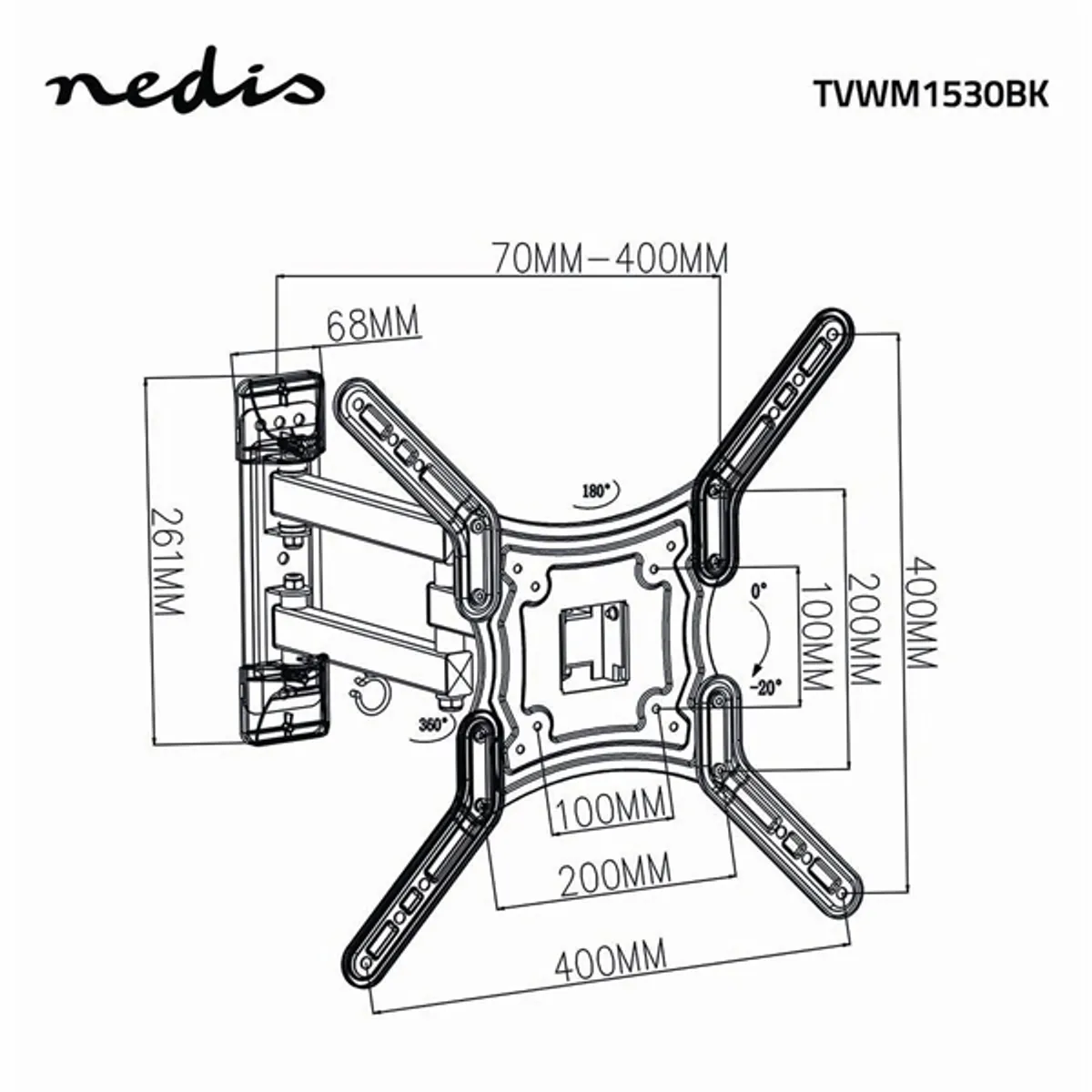 NEDIS TVWM1530BK szabadon mozgatható tv-tartó 23"-55", 30 kg, VESA 100x100 200x100 200x200 300x300 400x200 400x400, 3 forgáspont, 180 fok #4
