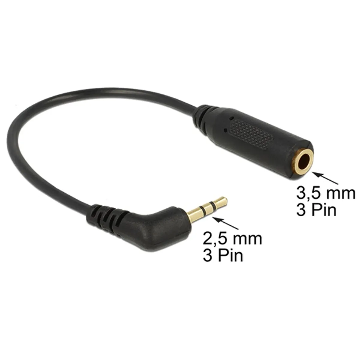 DELOCK 65672 sztereó átalakító 2,5 mm 3-pin férfi 90 fokos 3,5 mm 3-pin női hossz 17,5 cm aranyozott csatlakozók fekete #1