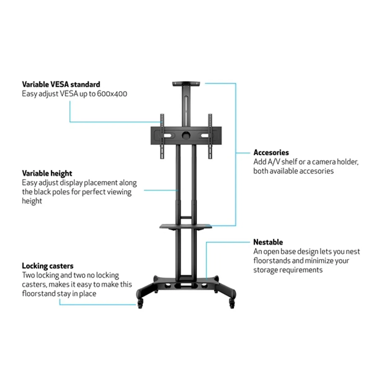 MULTIBRACKETS 7350073732319 M Public Floorstand Basic 150 32-60" max VESA 600x400 mm fekete 50 kg AV shelf és kamera tartó 4 db zárható kerék #7