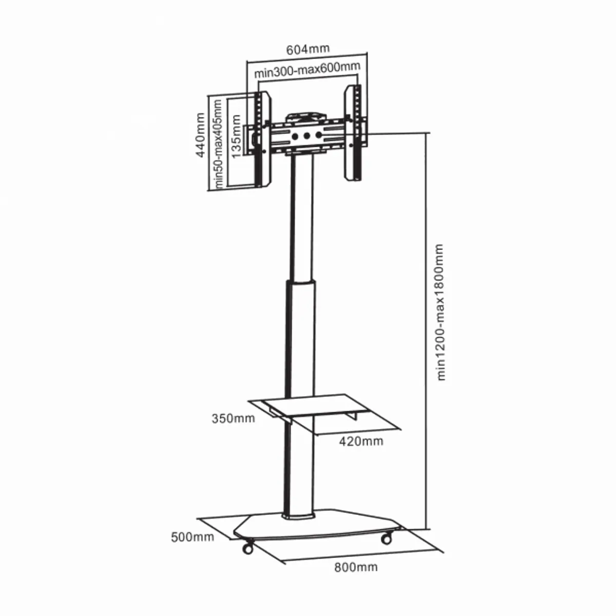 SBOX FS-500 padlóállvány televízióhoz 37"-70" max 40 kg VESA 200x200-600x400 magasság 1200-1800 mm forgás 0-90 döntés +5-12 fok kábelrendezés görgős #2