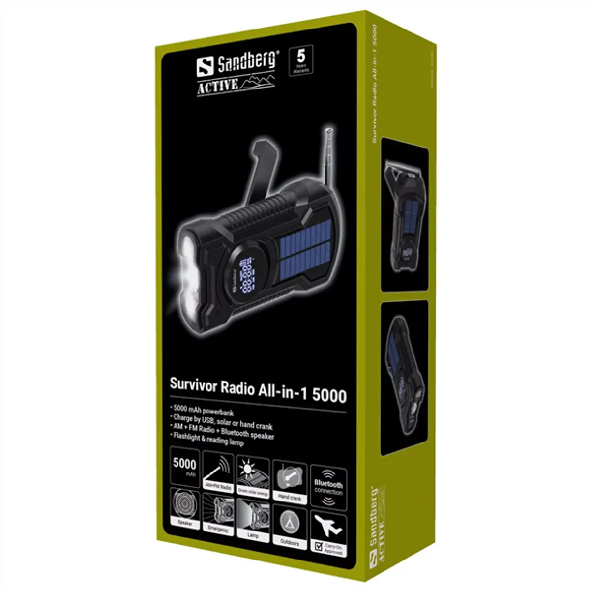 SANDBERG 421-03 Survivor radio all-in-1 5000 mAh powerbank AM FM bluetooth hangszóró napelemes töltés és kézi hajtás #9