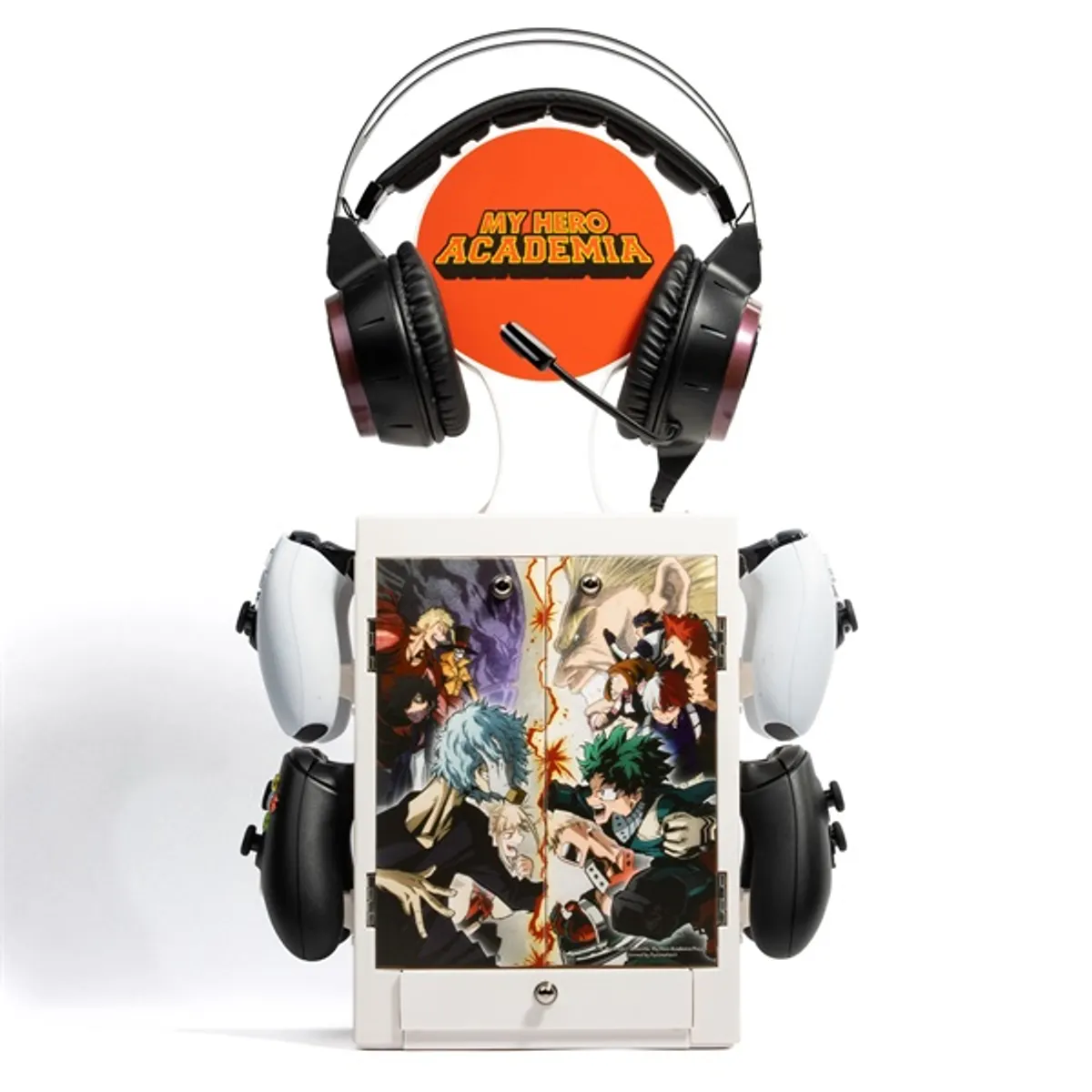 NUMSKULL NS3282 My Hero Academia szekrényes játéktartó állvány 10 játék- és film-tárolás, 4 kontrollertartó, fejhallgató-tartó a tetején #2