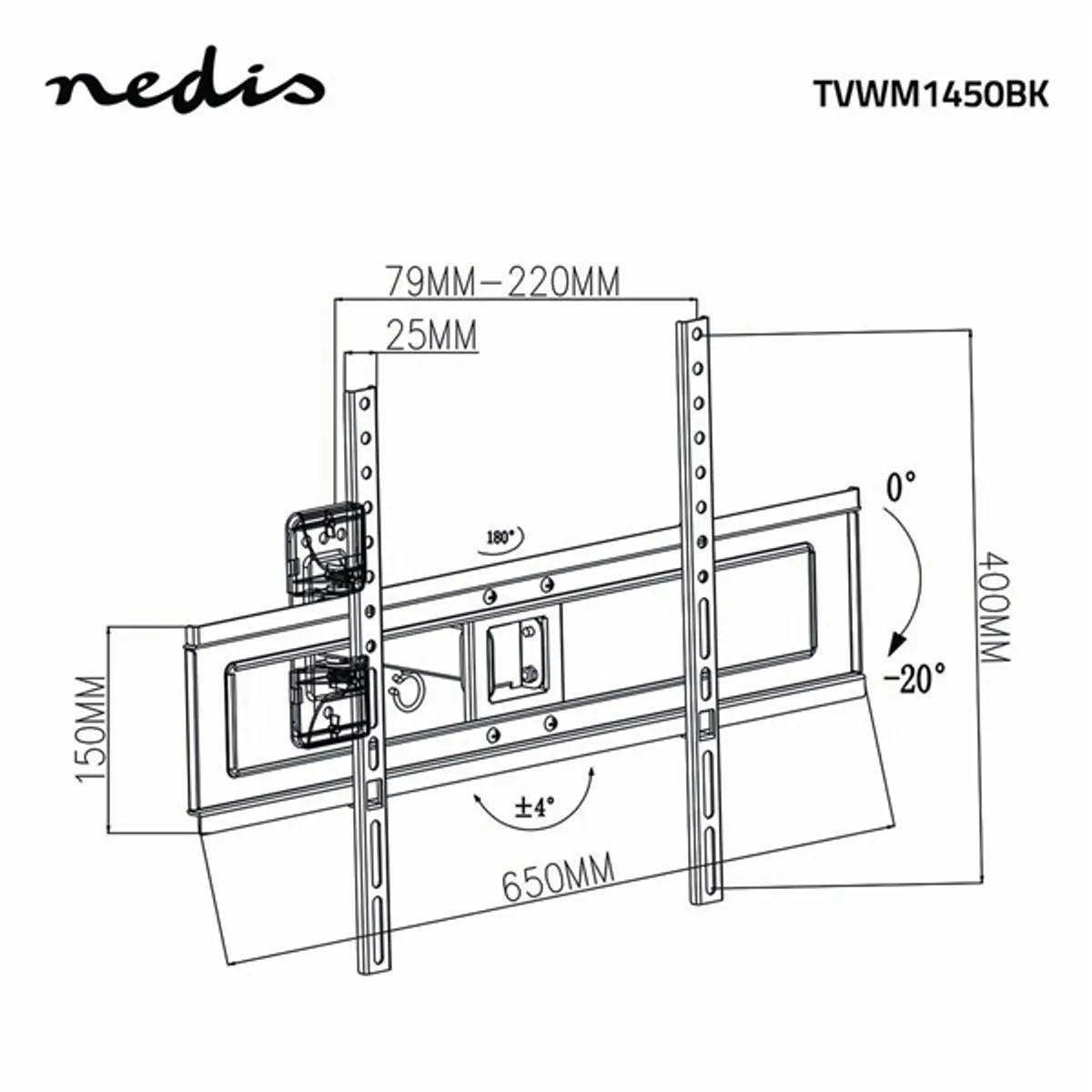 NEDIS TVWM1450BK mozgatható tartó 170° forgatás 20° dőlésszög 37-70" #5
