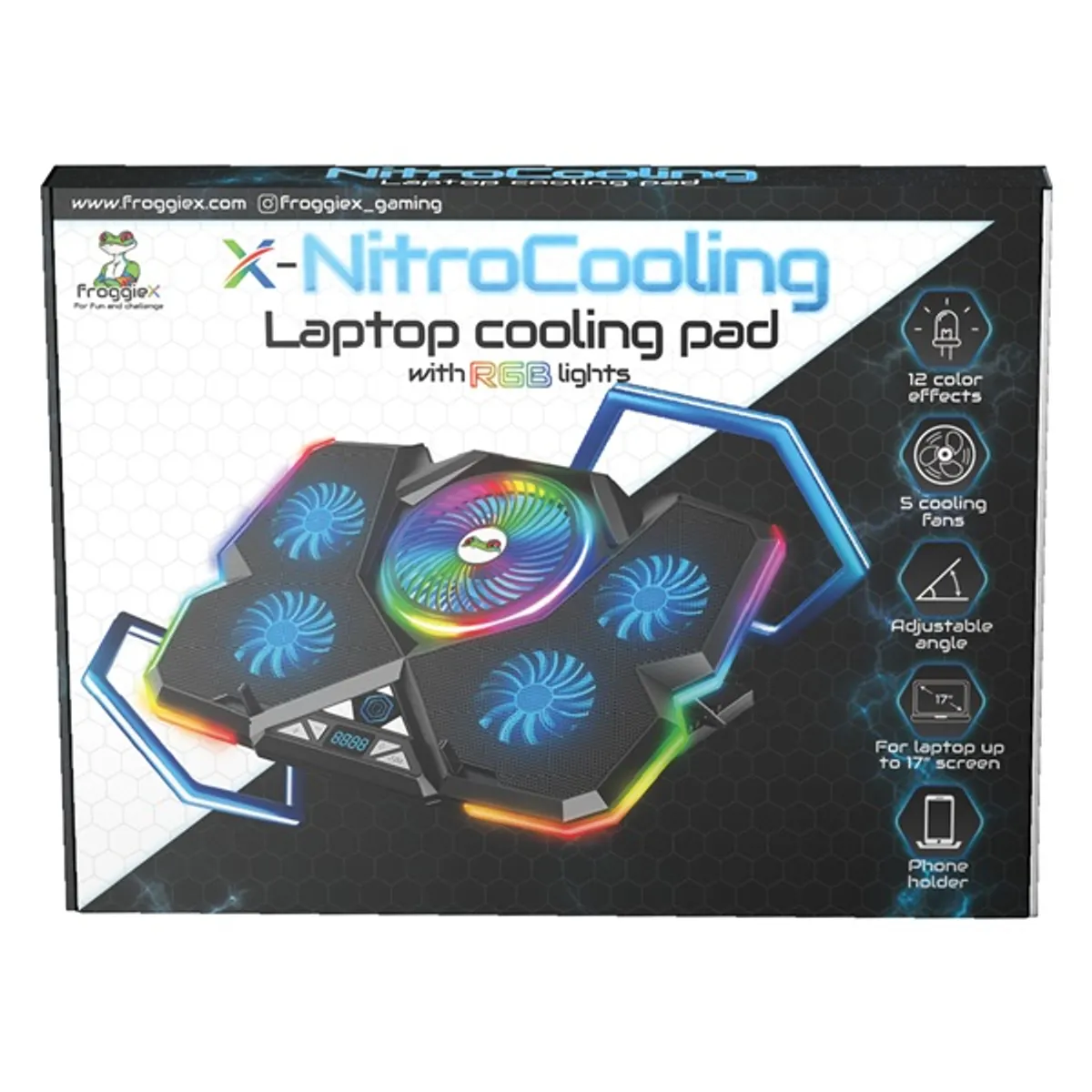 Froggiex FX-PC-P1-BL NitroCooling 5 ventilátor 12 RGB módok állítható dőlésszög telefontartó USB hub 17" notebook #6
