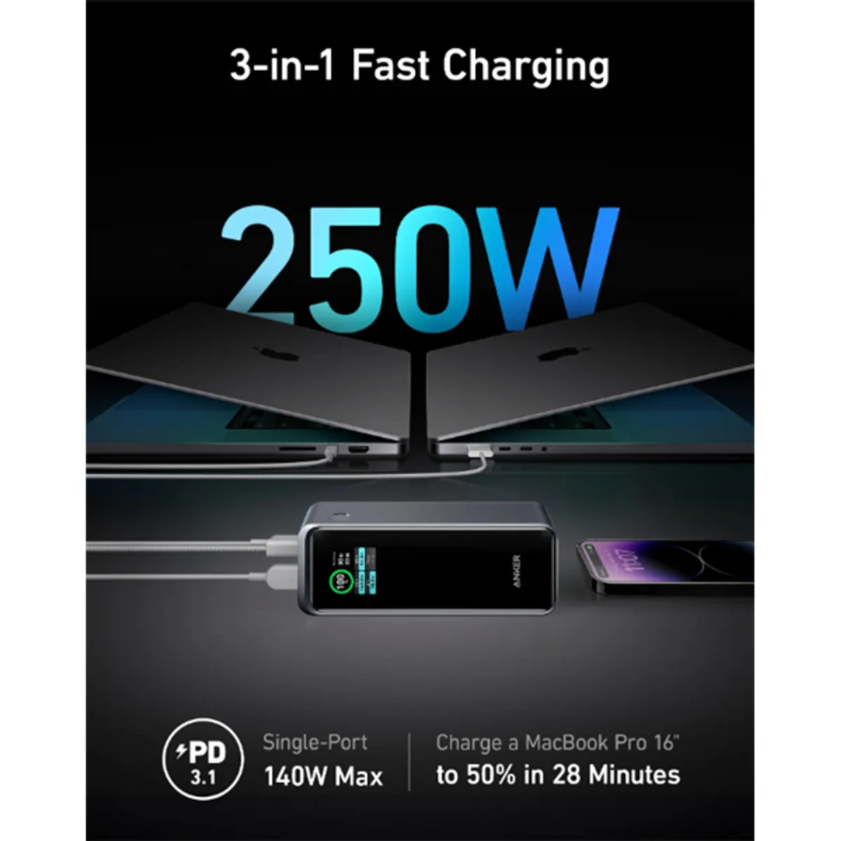Anker A1340011 Prime 27650mAh 250W 2x USB-C bemenet-kimenet, 1x USB-A kimenet fekete #2