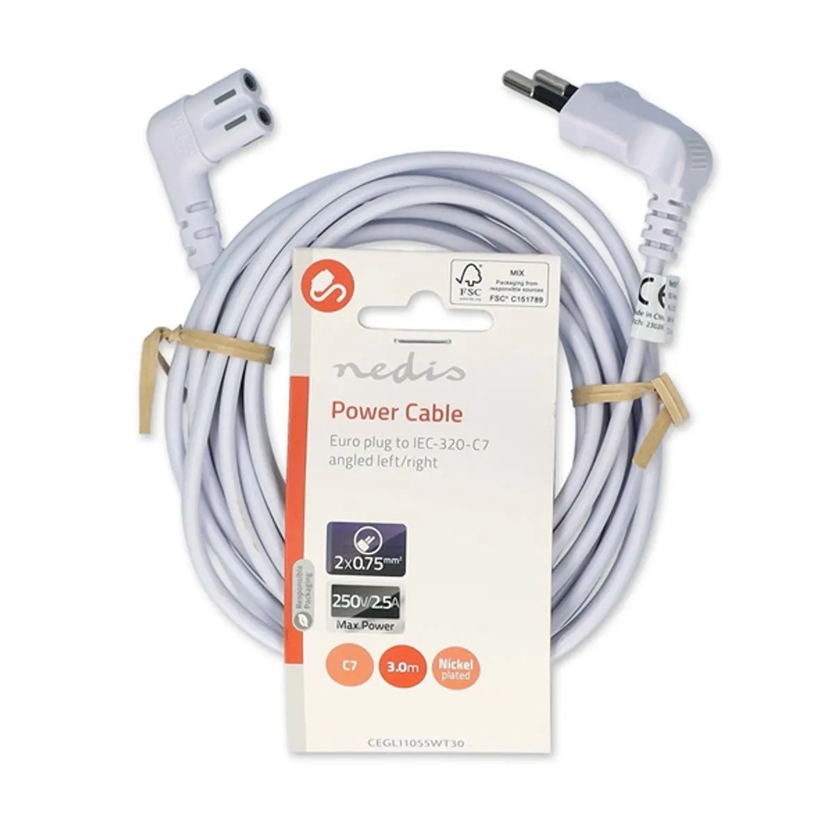 Nedis CEGL11055WT30 tápkábel, Euro dugó, IEC-320-C7, 2-pólusú, 3m, fehér #3
