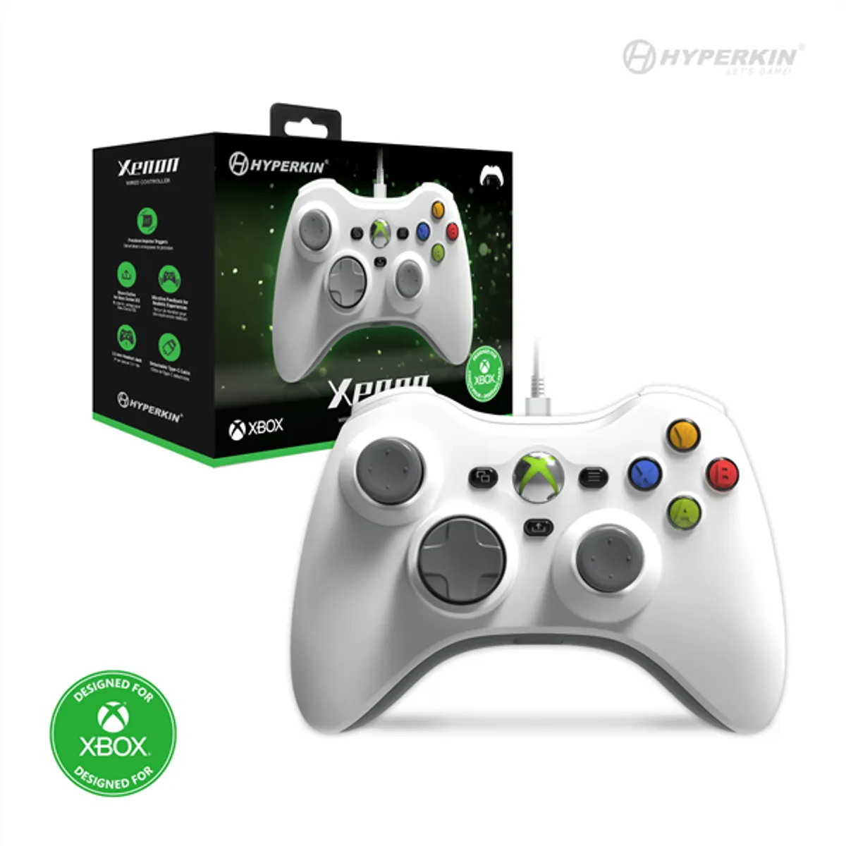 HYPERKIN M01368-WH Xenon vezetékes kontroller Xbox Series X|S, One, Windows 10 és 11, 3,5 mm fejhallgató jack, leválasztható USB-C kábel, rezgés #1