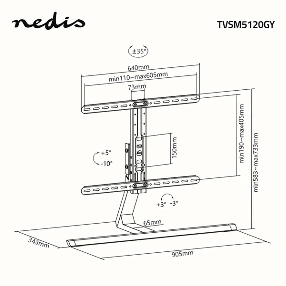 NEDIS TVSM5120GY TV állvány 37-75" kábelvezetés VESA 200x200-600x400 max 40 kg 5 magasság +5°-10° döntés 35° forgás #6