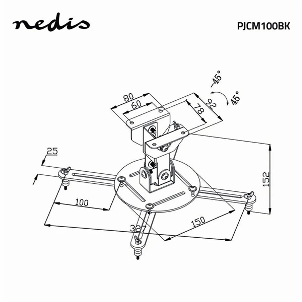 Nedis PJCM100BK projektor konzol mennyezeti forgatható 0-360 fok dönthető 90 fok 185-327 mm furatok 4 kar #6
