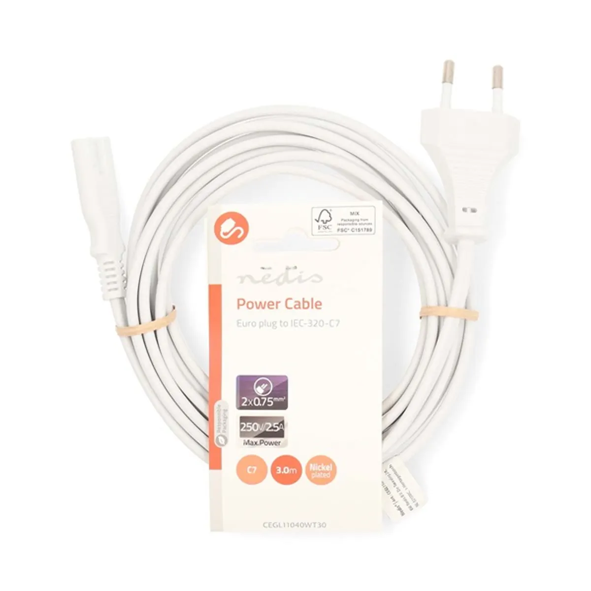 Nedis CEGL11040WT30 tápkábel IEC-320-C7 2x0,75 mm2 3 m fehér #3