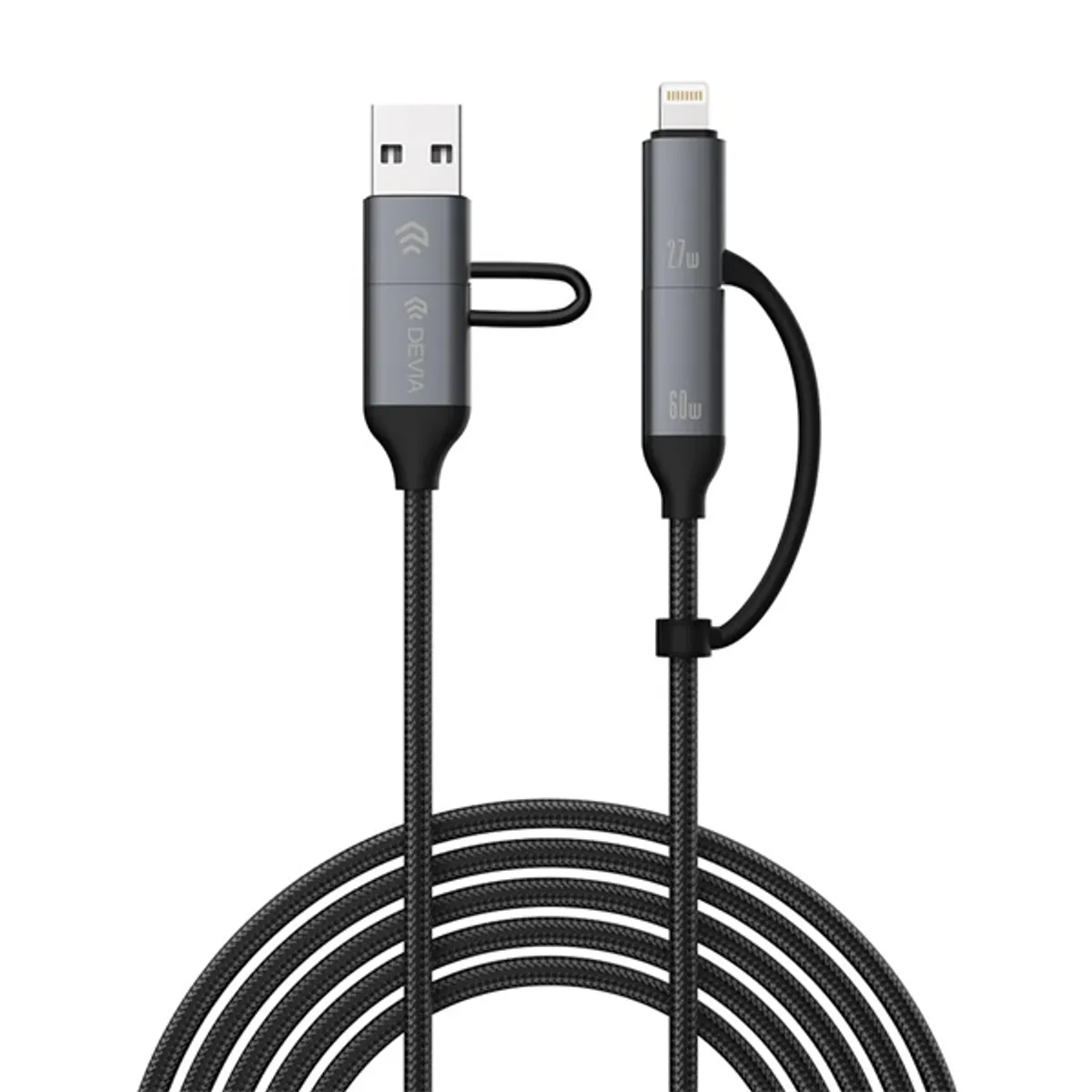 Devia ST121553 4in1 töltő- és adatkábel textil 1,5m fekete PD 60W USB-A USB-C és Lightning #2