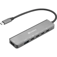 Sandberg 136-77 USB-C 6-in-1 MediaDock USB-C host PD 3.0 akár 100W HDMI 4K@60 USB-A 3.2 10Gbps USB-C 3.2 10Gbps DP video 4K@60 alumínium ház 19 cm